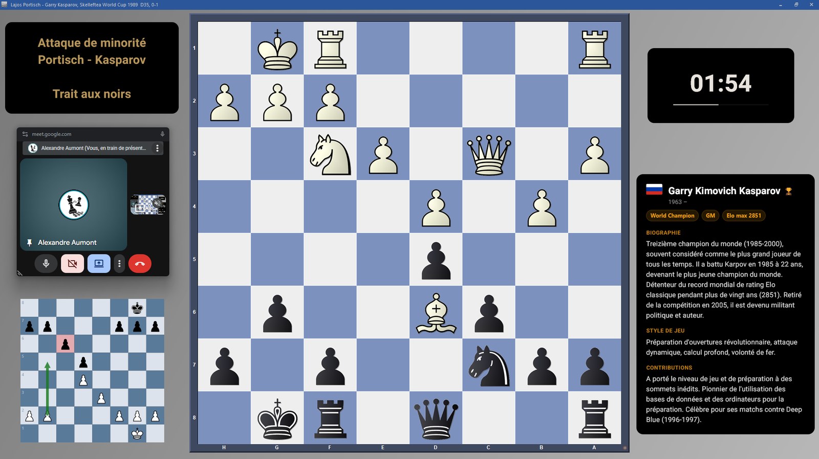 ChessHUD pendant un cours d'échecs en visioconférence : sur un échiquier, des overlays affichent un message (attaque de minorité, Portisch–Kasparov), une pendule, un mini-diagramme fléché et la fiche du champion du monde Garry Kasparov, à côté d'une fenêtre Google Meet.