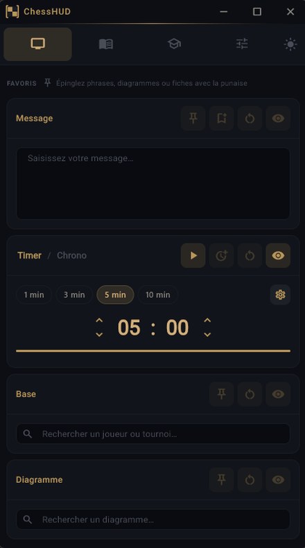 Régie ChessHUD, onglet Affichage : les contrôles des overlays Message, Timer/Chrono (05:00), Base et Diagramme.