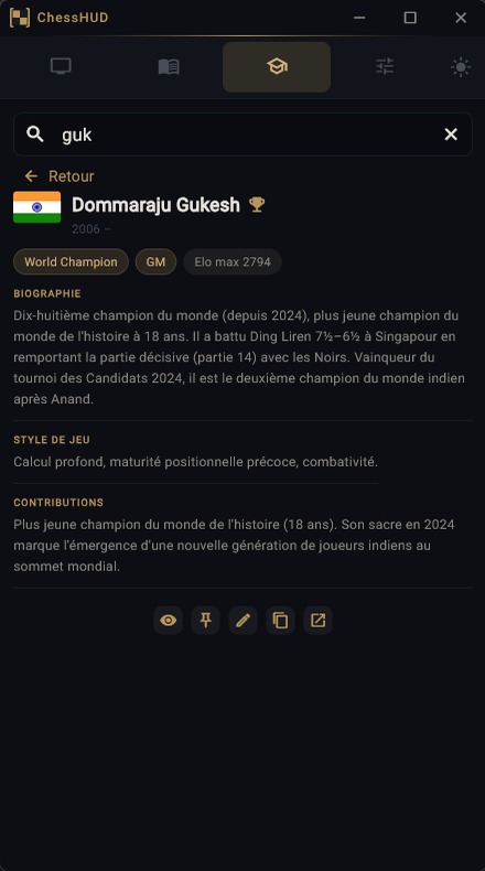 Régie ChessHUD, onglet Base : la fiche du champion du monde Gukesh, avec biographie, style de jeu et palmarès.
