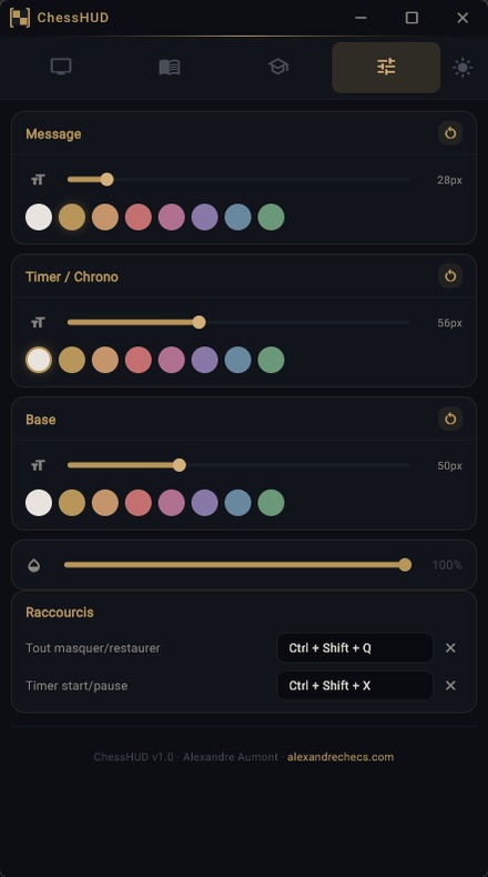 Régie ChessHUD, onglet Réglages : couleurs, opacité et raccourcis clavier.